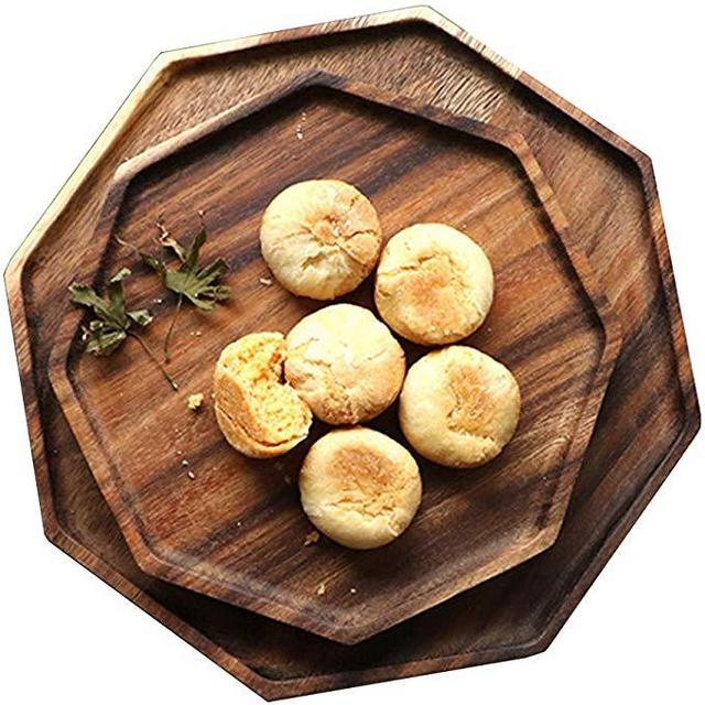Set of 2 Acacia Wooden Octagon Square Trays Serving Bread Plates for Fruit Salad Platter Vegetable Food Dish