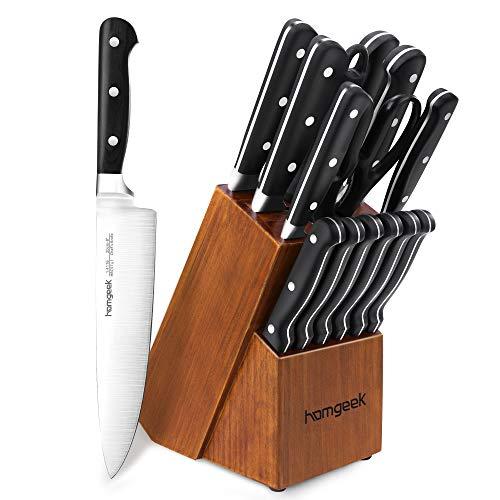 Kitchen Knife Set 15 Pieces with Wooden Block Sharpener 6 Pieces Serrated Steak Knives, homgeek Professional German X50Cr15 Stainless Steel Sharp Pakkawood Handle Chef Knife Block Set Full-Tang Forged