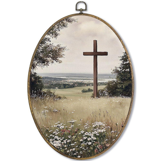 Fewgb Christian Easter Cross Wildflower Oval Wall Art Decor Framed, Vintage Religious Cottagecore Canvas Wall Art Prints Picture, Rustic Country Jesus Hanging Room Decor Artwork for Bedroom 9x12