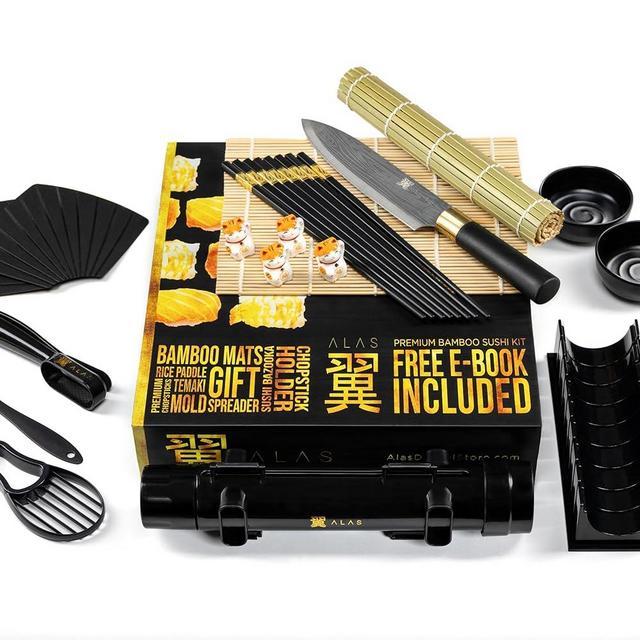 Alas Sushi Making Kit- Complete Sushi Making Kit for Beginners & Pros Sushi Makers, Perfect Sushi Making Kitchen Accessories Like Sushi Knife, 2 Sushi Mats, Rice Bazooka, Dipping Plate, & More (Black)