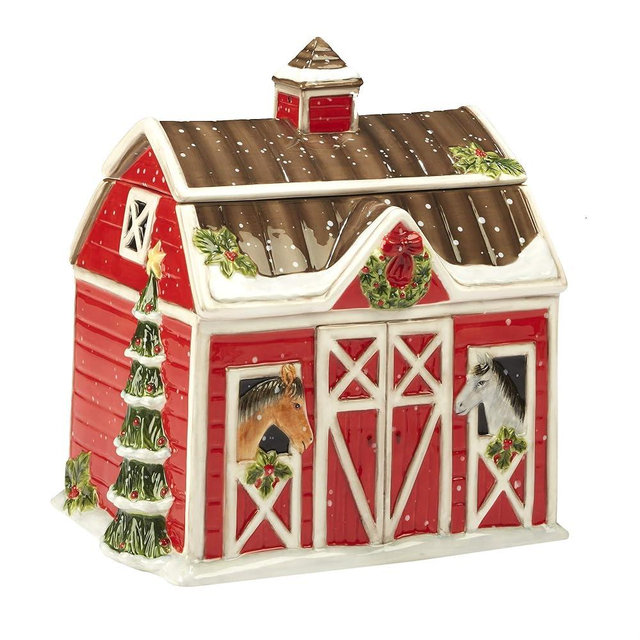 Christmas on the Farm 3D Cookie Jar – Festive Holiday Barn Design with Horses, Wreath & Tree, 11” L x 11” W x 9” H Ceramic Christmas Cookie Jar for Farmhouse Holiday Decor & Kitchen Storage