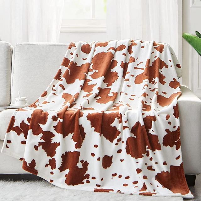 KING DARE Brown Cow Print Blanket for Couch Soft Fleece Fall Throw Blankets Large Twin Cozy Lightweight Flannel Cow Blanket Burnt Orange Throw Cowhide Bed Decor, 60 x 80