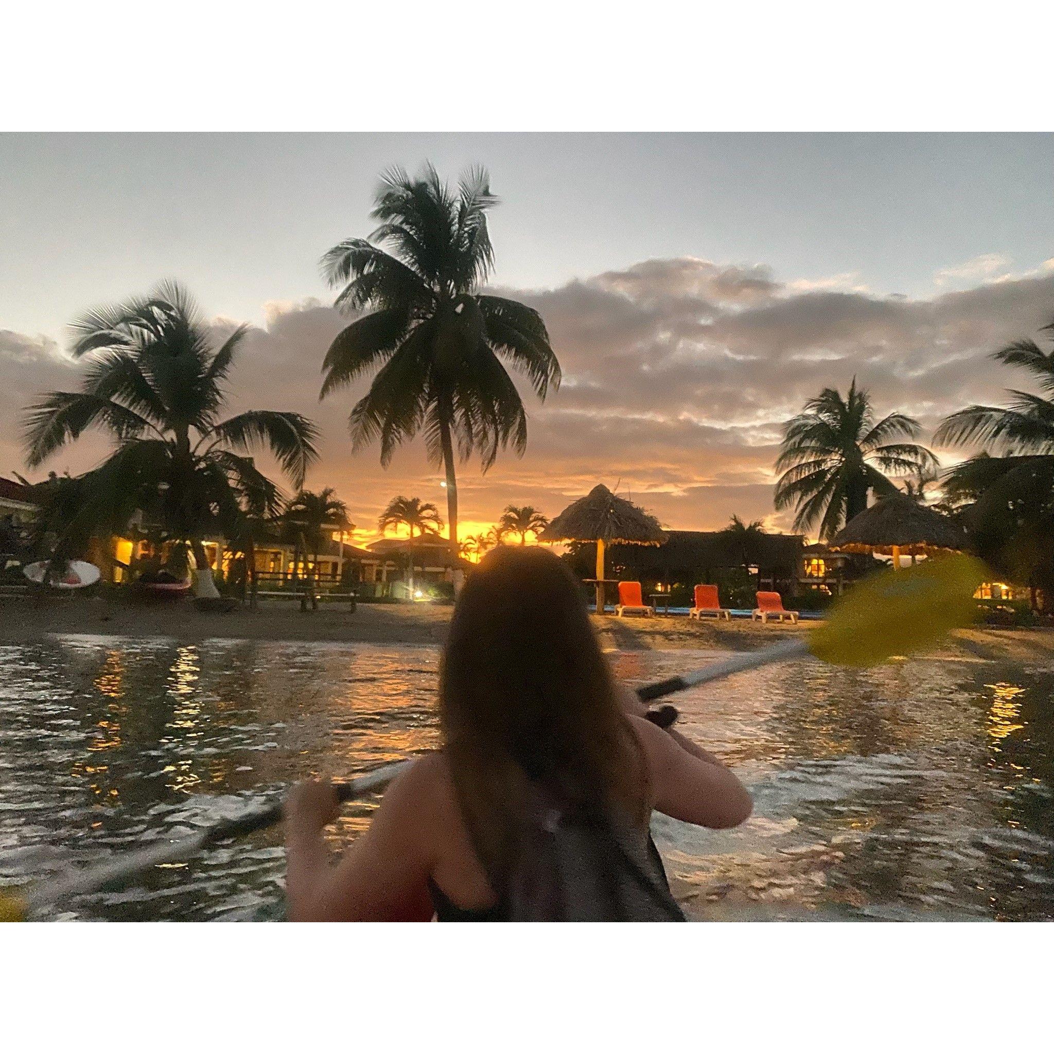 Kayaking in Placencia at Sunset.