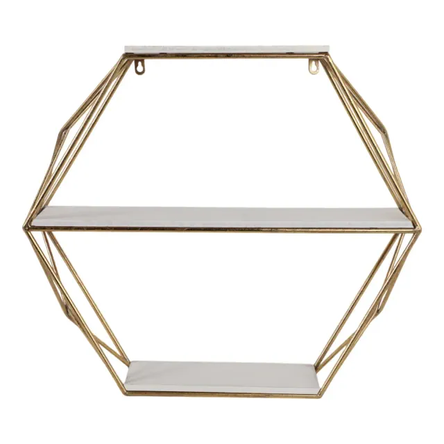 Sagebrook Home Metal Wood 3 Tier Hexagon Floating Wall Shelves, Storage and Display, Gold, 24 L x 6 W x 21 H Inches
