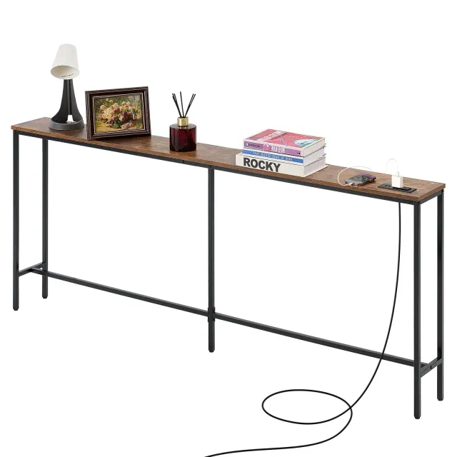 VEVOR Narrow Console Table, 70.9" Behind Couch Table with Power Outlets, 1-Tier Long Entryway Table, Narrow Sofa Table with Metal Frame, Brown