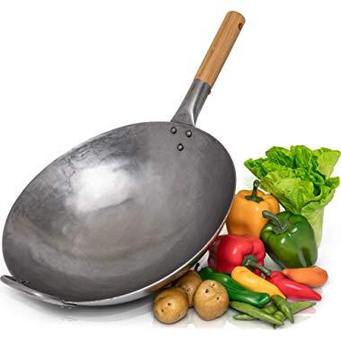 Traditional Hand Hammered Carbon Steel Pow Wok with Bamboo and Steel Helper Handle - 14 Inch, Round Bottom by Chef’s Medal