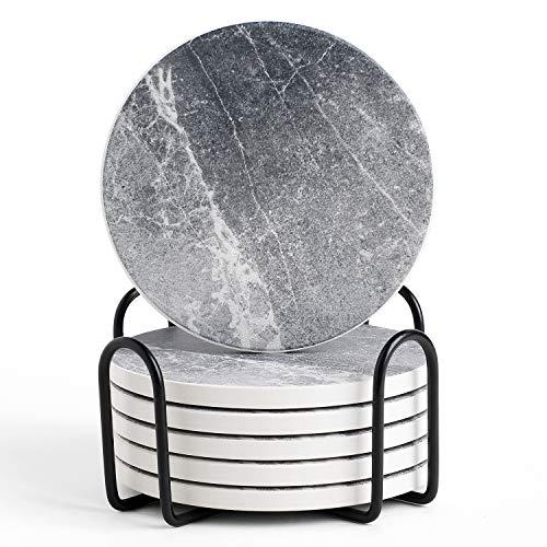 LIFVER 6 Pieces Coasters for Drinks Absorbent, Ceramic Coasters Set with Cork Base, Prevent Furniture from Dirty and Scratched, Stone Coasters With Holder, Dark Grey