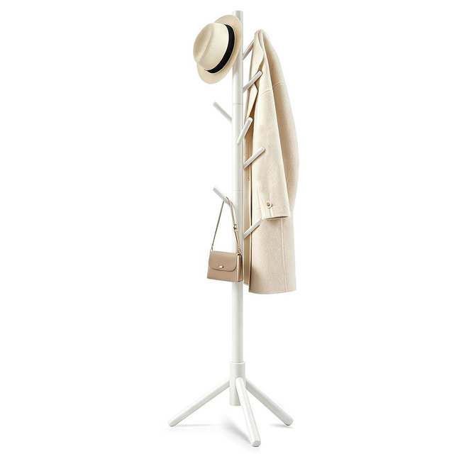 Freyawin Wooden Coat Rack Freestanding with 8 Hooks & 3 Adjustable Sizes for Clothes, Space-Saving Design for Bedroom Office Entrance Holds Hats Coats Scarves Bags