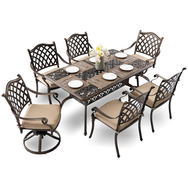 7-Piece Cast Aluminum Outdoor Dining Set, Antique Bronze Patio Furniture for 6 Includes 60" Rectangular Dining Table, 4 Stackable Chairs & 2 Swivel Chairs with Cushions & Umbrella Hole
