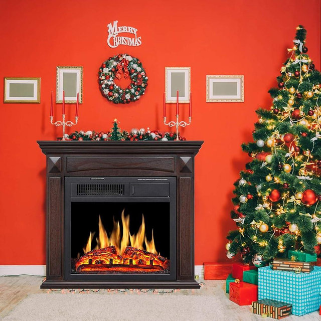 R.W.FLAME 27” Electric Fireplace Mantel Wooden Surround Firebox, TV Stand with Freestanding Electric Fireplace,Remote Control, Adjustable Led Flame, 750W/1500w Browm
