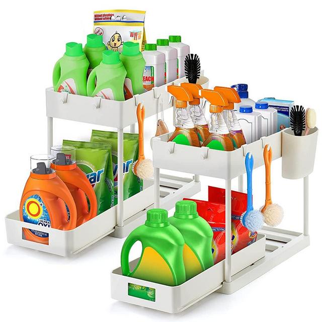Ravinte 2 Pack Pull Out Under Sink Organizer 3 Tier Multi Purpose Sink Organizers Storage For Bathroom Kitchen Sink Storage Organizer With Hook & Hanging Cup White Sliding Cabinet Organizer