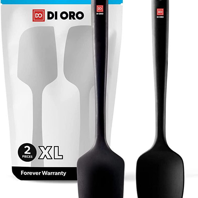 New DI ORO Seamless Series 2-Piece Silicone Pro XL Spoonula & Spatula Set - 600°F Heat-Resistant Nonstick Rubber Commercial Grade Kitchen Cooking Utensils - Large Scrapers for Mixing & Baking (Black)