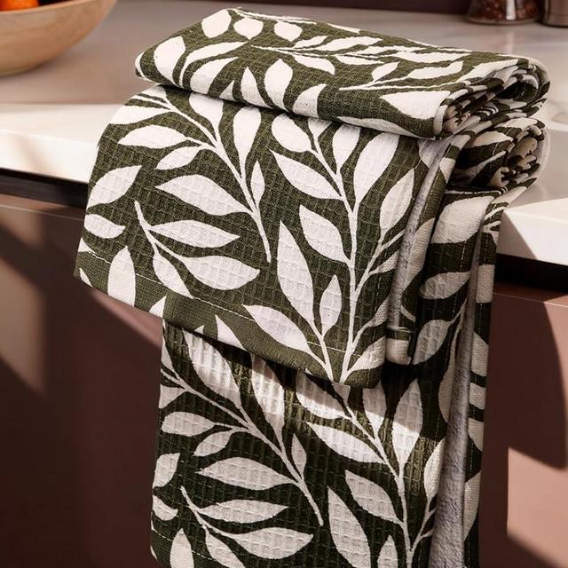 Miss Adola Cotton Waffle Kitchen Towels – Cute 370 GSM 16x25 Inch Terry Cloth Waffle Decorative Dishcloth for Kitchen Set of 2 with Hanging Loop Absorbent Hand Tea Towel for Home Design, Leaf