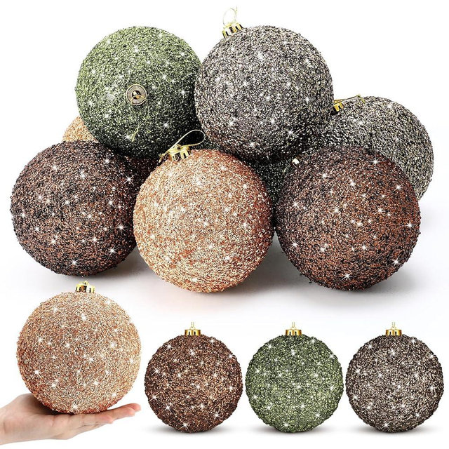 VioraWhite 8 Pcs 6 Inch Glitter Christmas Ball Ornament Set Neutral Sequin Vintage Christmas Tree Decoration Rustic Plastic Hanging Sparkling Ornament for Xmas Tree Farmhouse Yard Indoor Outdoor Decor