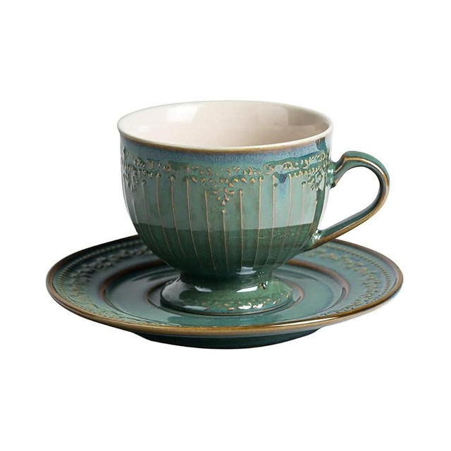 WAIT FLY Vintage Embossed Ceramic Coffee Mug with Saucer Set, Espresso Cup, Tea Cup, Breakfast Cup and Dessert Plate-Green-8 OZ