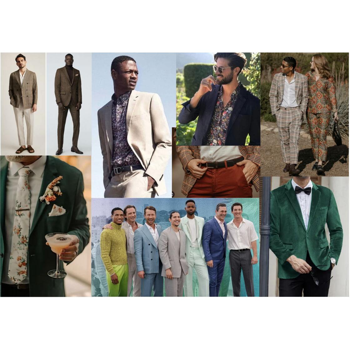 Men's Attire - solid colors, patterns, and tasteful floral prints are all welcome. Feel free to jazz things up with a neck tie, bowtie, pocket square, or jewelry! :)
