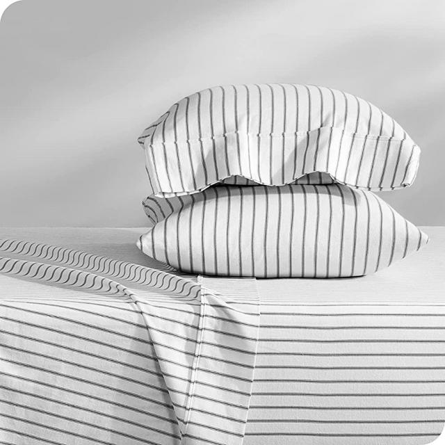 Bare Home Flannel Sheet Set 100% Cotton, Velvety Soft Heavyweight - Double Brushed Flannel - Deep Pocket (Queen, Ticking Stripe - White/Grey)