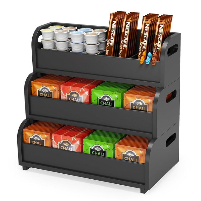 Tea Bag Organizer Storage Holder- Bamboo Countertop Teabag Display Rack 3-Tier Stackable Wall Mount Large Capacity for Pantry Kitchen Office Coffee Station (Black)