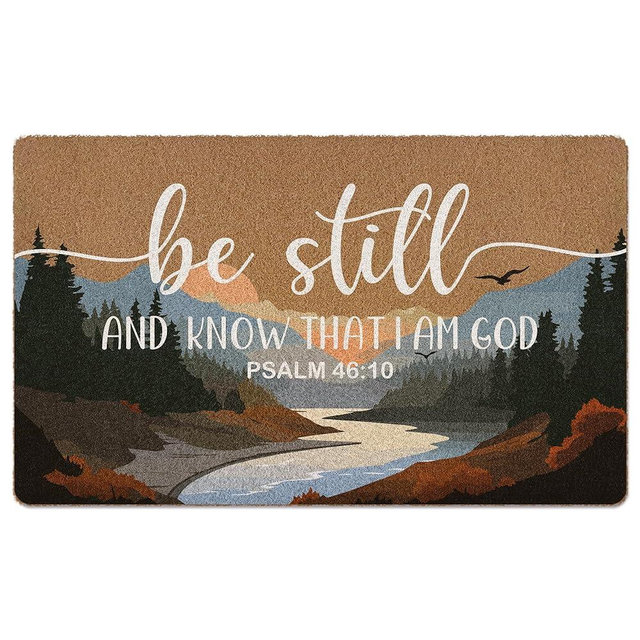 XLDLIOO Christian Door Mat Doormat, Psalm 46:10 Bible Verse Landscape Welcome Front Door Mat Indoor Outdoor Entrance, Religious Artificial Coir Doormats Rugs for Porch Patio Entryway Decor 30x17in