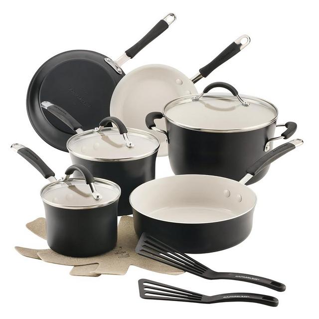 Rachael Ray Cucina Ceramic Nonstick Pots and Pans Set with Saucepans, Saute, Frying Pans, Stockpot, Lids, Pan Protectors, and Cooking Utensils, 13 Piece Non Stick Cookware Set - Peppercorn