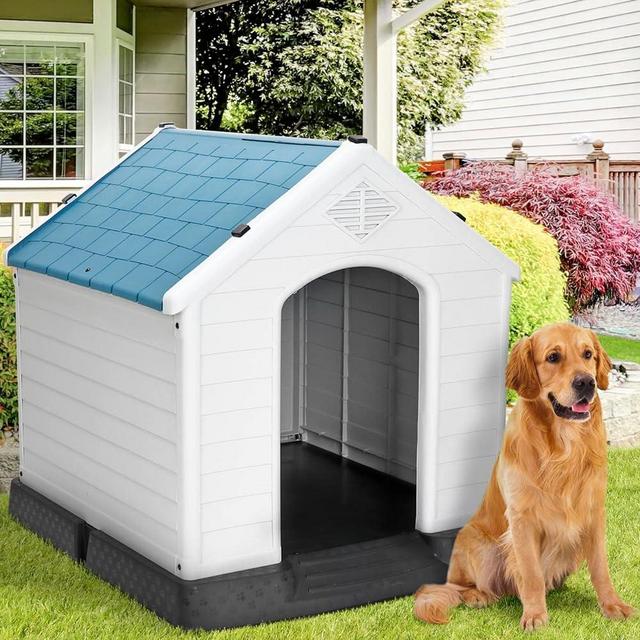 Pet Republic Large Plastic Dog House Indoor Outdoor Doghouse Dog Kennel Easy to Assemble Puppy Shelter w/Air Vents Elevated Floor Waterproof (Blue)