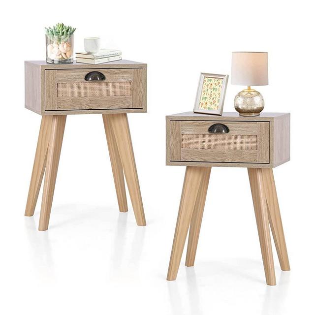 Sophia & William Nightstand Bedside Table with Rattan Drawer Set of 2 Side End Table with Storage and Solid Wood Legs for Bedroom Living Room and Small Space