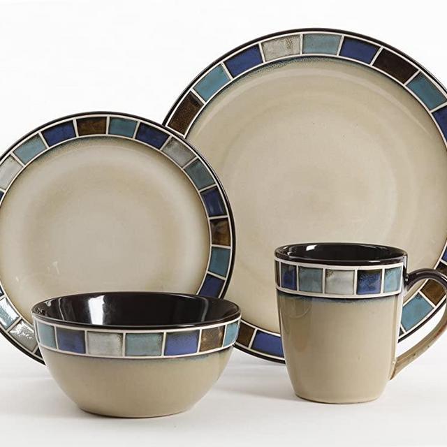 Gibson Elite 114339.16R Casa Azul 16 Piece Reactive Glaze Dinnerware Set, Cream and Blue