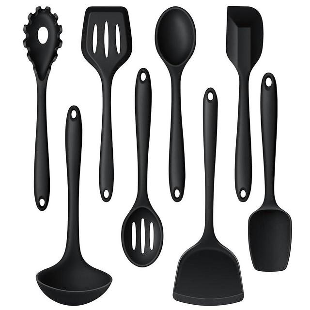 LIANYU 8Pcs Cooking Utensils Set, Heat Resistant Kitchen Utensils, Silicone Utensils Spatula Set for Nonstick Cookware with Spatula, Ladle, Turner, Spoon, Dishwasher Safe, Black