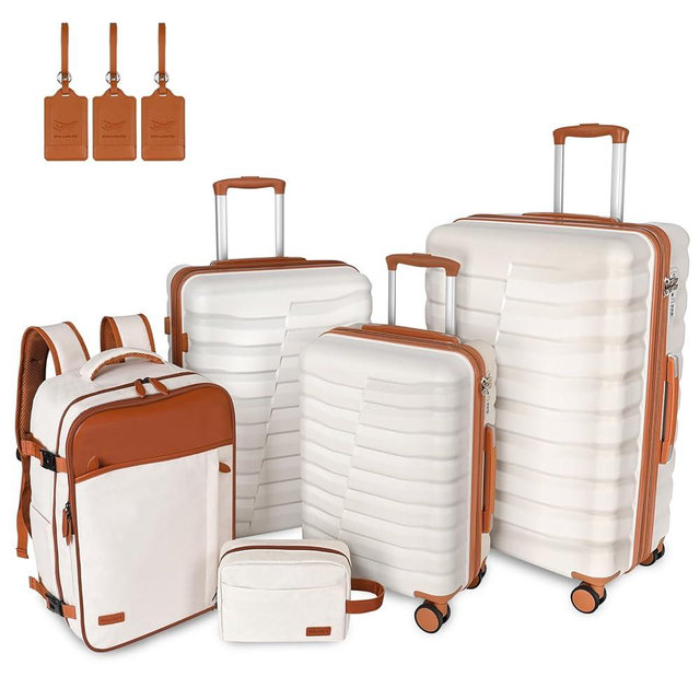 WireHot 5-Piece Lightweight Luggage with Backpack Sets, ABS+PC Hard Shell Suitcase with TSA Lock & YKK Zipper (White, 20in/24in/28in/BP/TB)