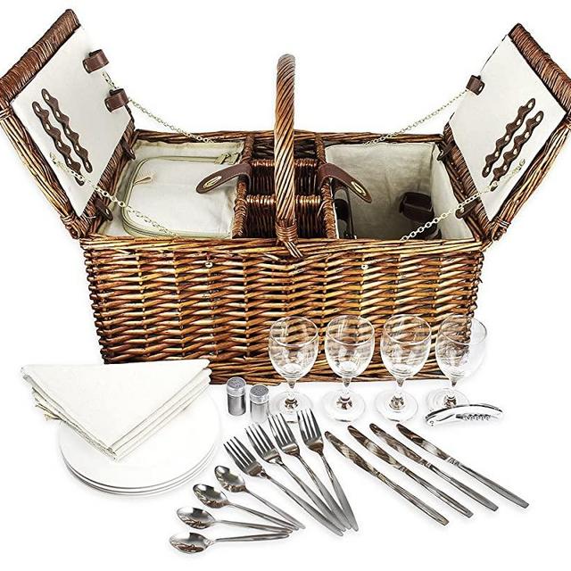 Delux Double Lid Classic Wicker Picnic Basket - Large 4-Person Picnic Supply Set with Insulated Cooler Bag, Includes Silverware, Glasses and Accessories