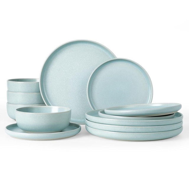Famiware Milkyway Plates and Bowls Set, 12 Pieces Dinnerware Sets, Reactive Glaze Dish Set, Stoneware Dishes Set for 4, Light Blue