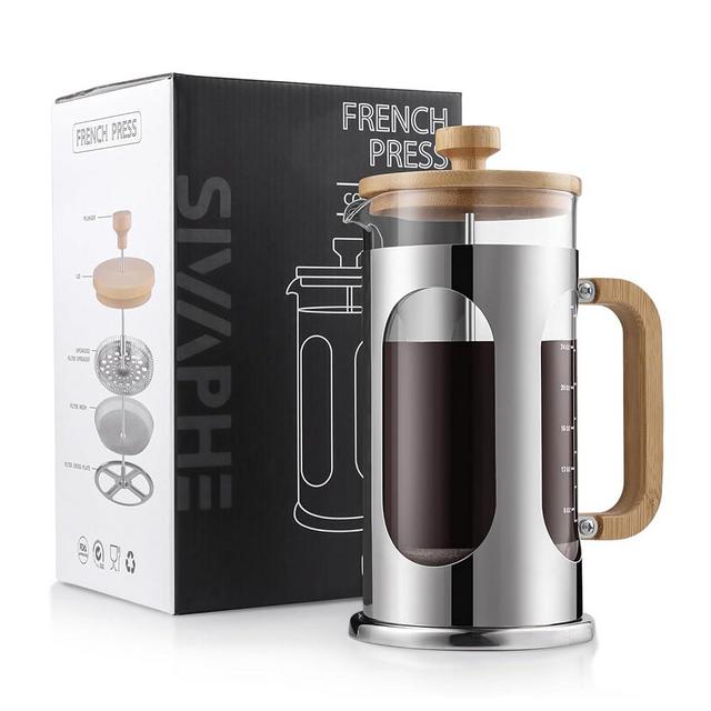 Sivaphe 34 oz French Press Coffee Maker No-Plastic, Borosilicate Glass Bamboo Lid and Handle Coffee Tea Press 8 cup, 1000ml Coffee Milk Forther with Stainless Steel Holder and Resuable Filters