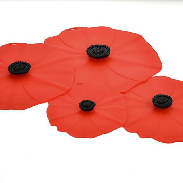 Charles Viancin - Poppy Lid Red Gift-Box - Set of 4 Silicone Lids for Food Storage and Cooking - 11''/28cm + 9''/23cm + 6''/15cm + 4''/10cm - Airtight Seal on Any Smooth Rim Surface
