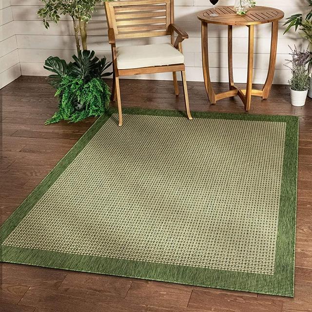 Well Woven Woden Green Indoor/Outdoor Flat Weave Pile Solid Color Border Pattern Area Rug 5x7 (5'3" x 7'3")