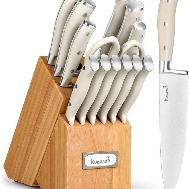 Kuisine Premium Chef Knife Set,High Carbon Stainless Steel Razor-Sharp Blade Ergonomic Handle,Knife Block Set with Built-in Sharpener,Elegant Gift for Holiday(Ivory Pro Acacia,15PCS)