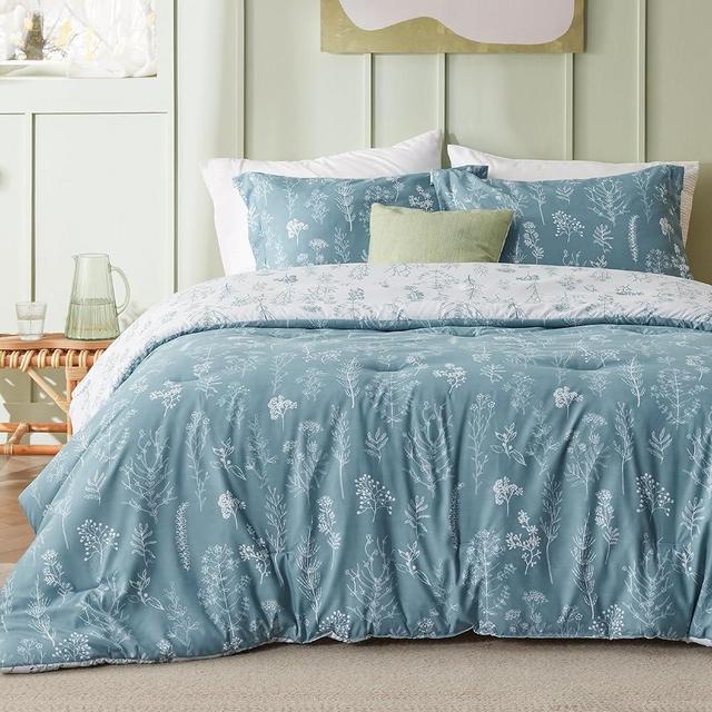 Bedsure Queen Comforter Set - Mineral Blue Comforter, Cute Floral Bedding Comforter Sets, 3 Pieces, 1 Soft Reversible Botanical Flowers Comforter and 2 Pillow Shams