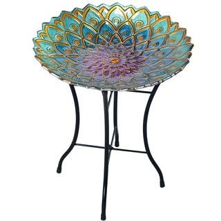 Peaktop - Outdoor 18 Inch Handpainted Mosaic Flower Fusion Glass Bird Bath w/ Stand