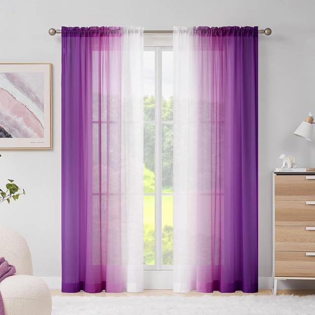 Melodieux Purple Ombre Sheer Curtains 84 Inch Length for Living Room, Bedroom Chiffon Purple White Gradient Rod Pocket Voile Drapes, 52 by 84 Inch, 2 Panels