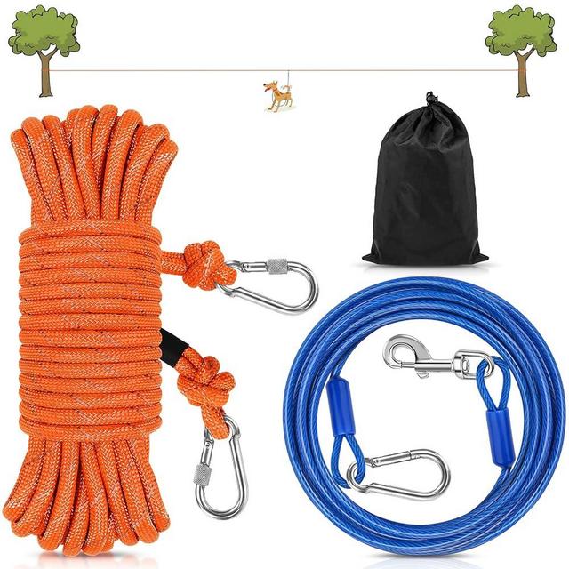 Petbobi Dog Runner for Yard 50FT, Dog Tie Out Cable for Camping with 10FT Dog Run Wire Cable, Portable Reflective Dog Lead Line with 360° Tangle Free &Heavy-Duty Clasp for Yard, Park, Orange