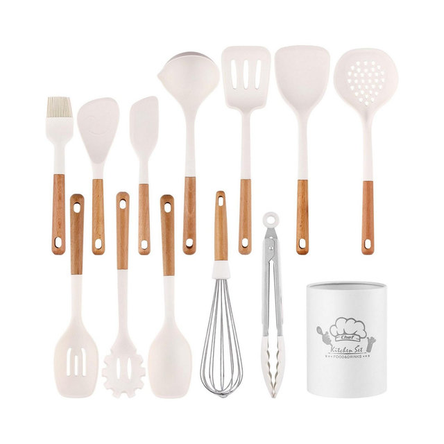 SUGIFT 13-Piece Silicone Kitchen Utensils with Wooden Handles Set