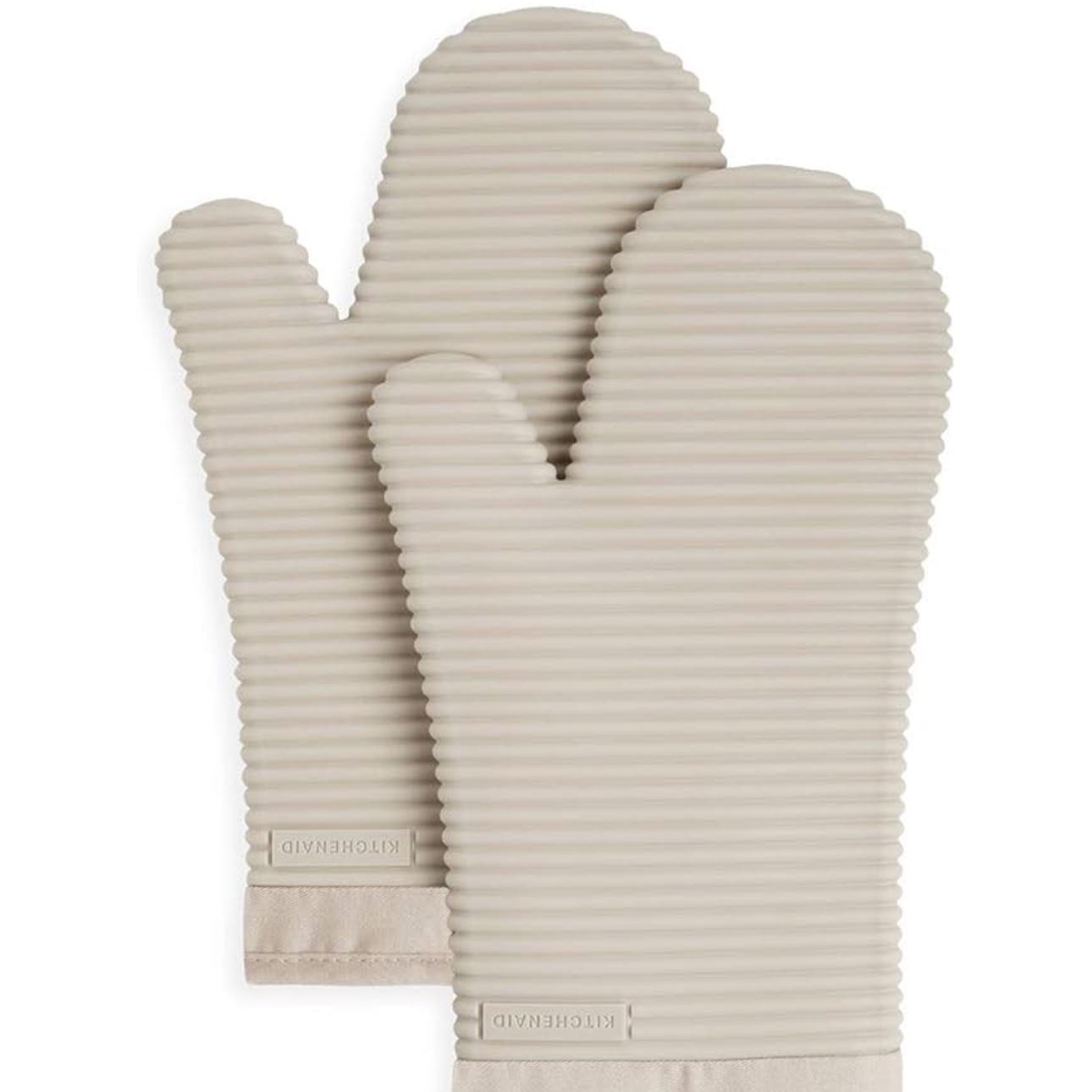 KitchenAid Ribbed Soft Silicone Oven Mitt Set, 7"x13", Milkshake 2 Count