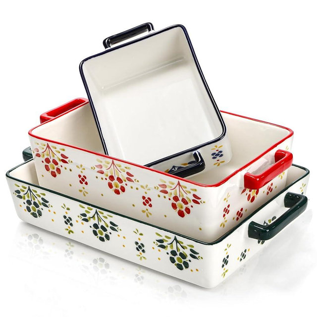 Peohud Set of 3 Casserole Dishes for Oven, Porcelain Baking Dishes with Handle, Large Rectangular Lasagna Pans, Ceramic Bakeware Set for Cooking, Kitchen, Cake Dinner, Banquet, Wedding and Daily Use