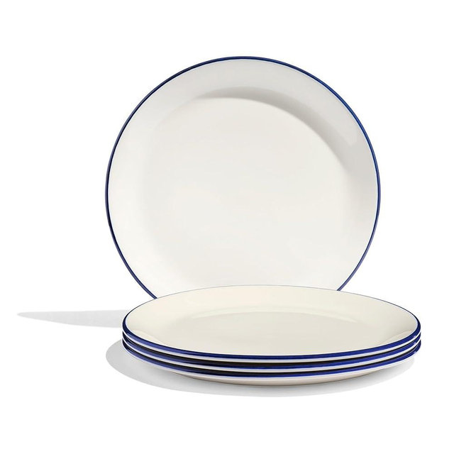 Made In Cookware - 11" Dinner Plates - Set of 4 - White With Navy Blue Rim - Porcelain - Crafted in England