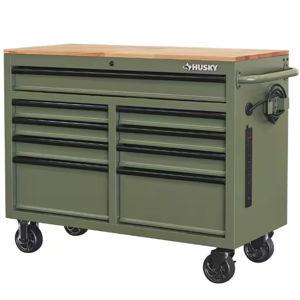 46 in. W x 18.1 in. D 9-Drawer Army Green Mobile Workbench Cabinet with Solid Wood Top