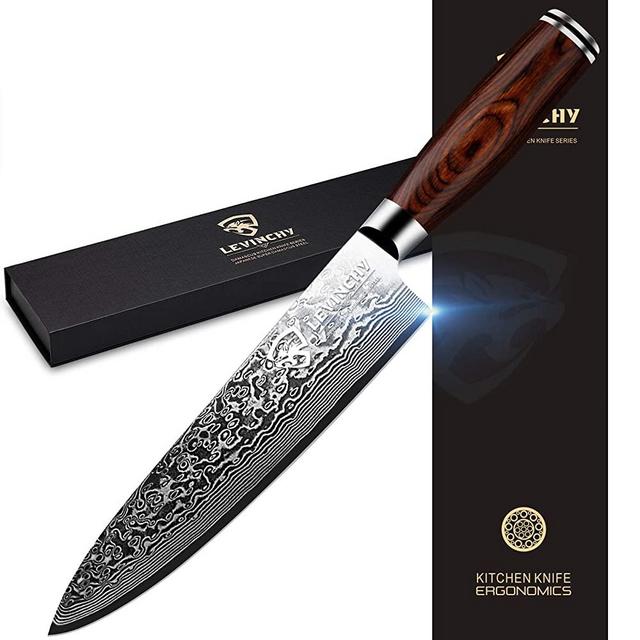 LEVINCHY Damascus Chef's Knife 8 inch Professional Japanese Damascus Stainless Steel Kitchen Knife Razor Sharp, Superb Edge Retention, Stain & Corrosion Resistant Ergonomic Non-slip PAKKA Wood Handle