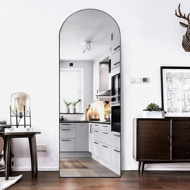 TinyTimes 65''x22'' Arched Full Length Mirror, Floor Mirror with Stand, Full Body Mirror, Arched Wall Mirror, Modern Contemporary Full Length Mirror with Wood Frame - Black