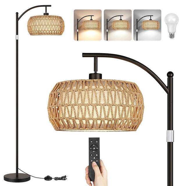 Boho Floor Lamp with Dimmable Bulb, Rattan &Linen Double Shades, Boho Standing Tall Lamps with Foot Switch, Bohemian Floor Lamps for Living Room, Bedroom, Office