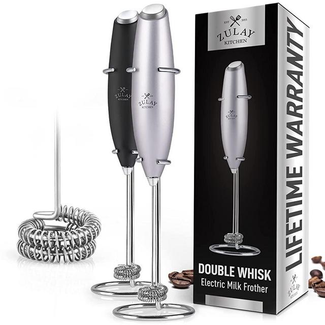 Zulay Double Whisk Milk Frother Handheld Mixer - High Powered Frother For Coffee With Improved Motor - Electric Whisk Drink Mixer For Cappuccino, Frappe, Matcha & More, Twin Whisk (Silver)