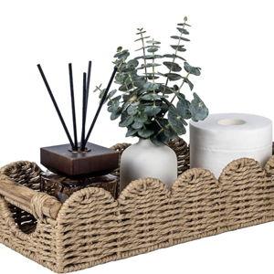 CubesLand Bathroom Basket Organizer w/Cut Out Handle, Back of Toilet Paper Storage Baskets Tray for Bathroom Countertop Decorative, Scalloped Wicker Basket Also for Home Decor, Living Room, Neutral