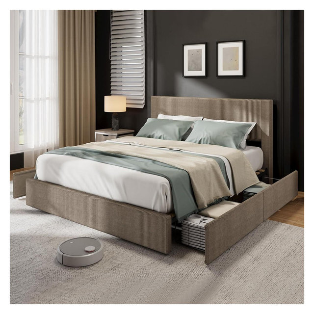 Full Size Bed Frame with Tufted Wingback Headboard, Platform Corduroy Upholstered Bed Frame with 4 Storage Drawers and Wooden Slats Support, Brown